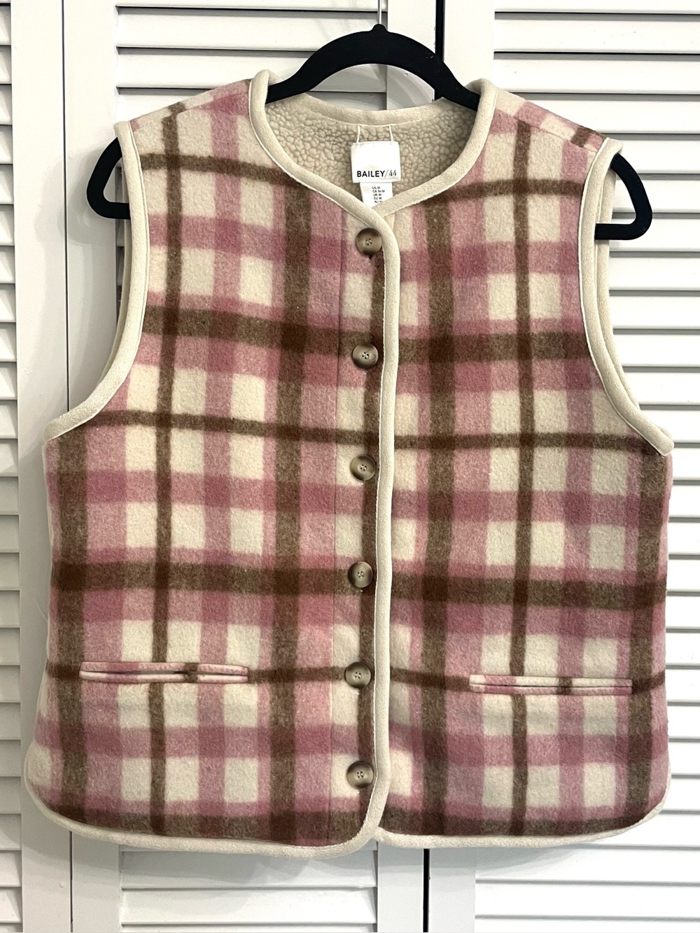Bailey/44 Plaid Reversible Cream Sherpa Button-Up Vest Pink Brown Plaid Sz M